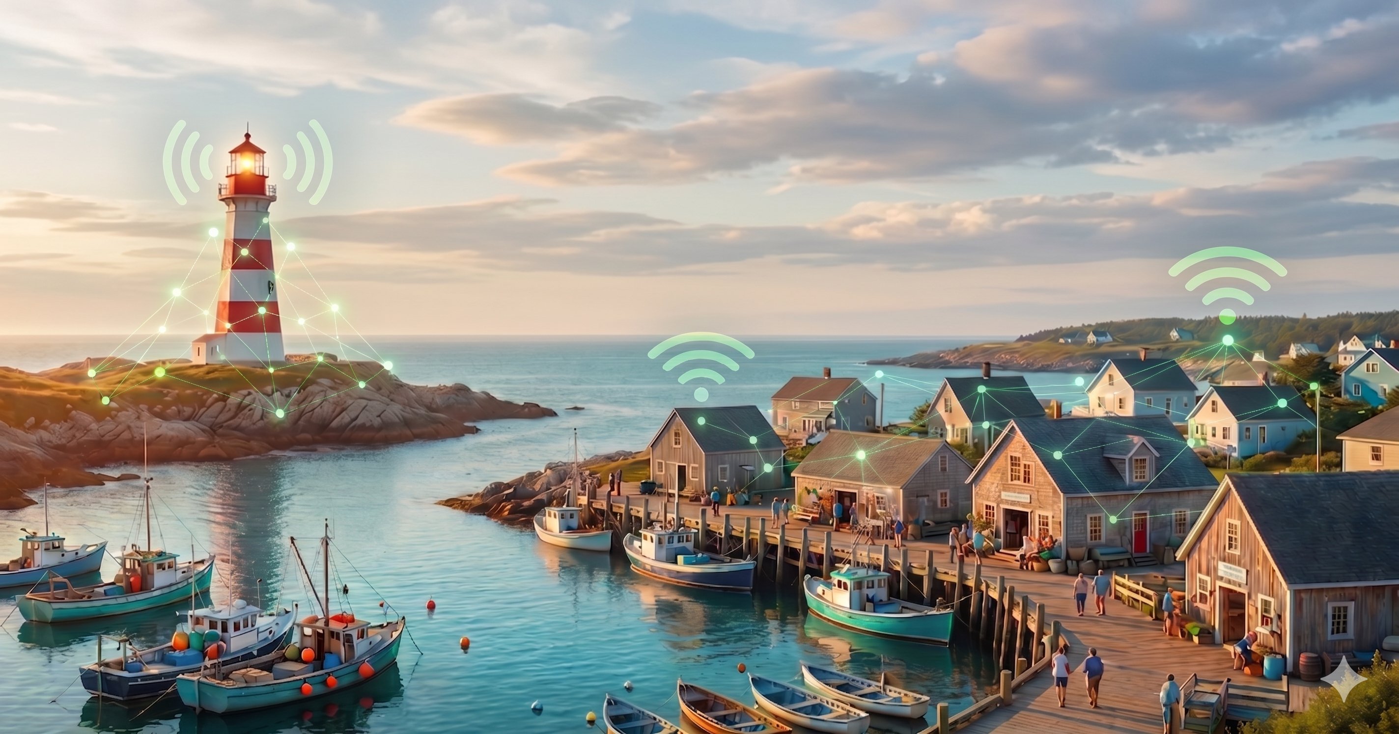 Nova Scotia fishing village with connected network technology overlay — lighthouse, boats, and coastal buildings linked by glowing green wifi signals